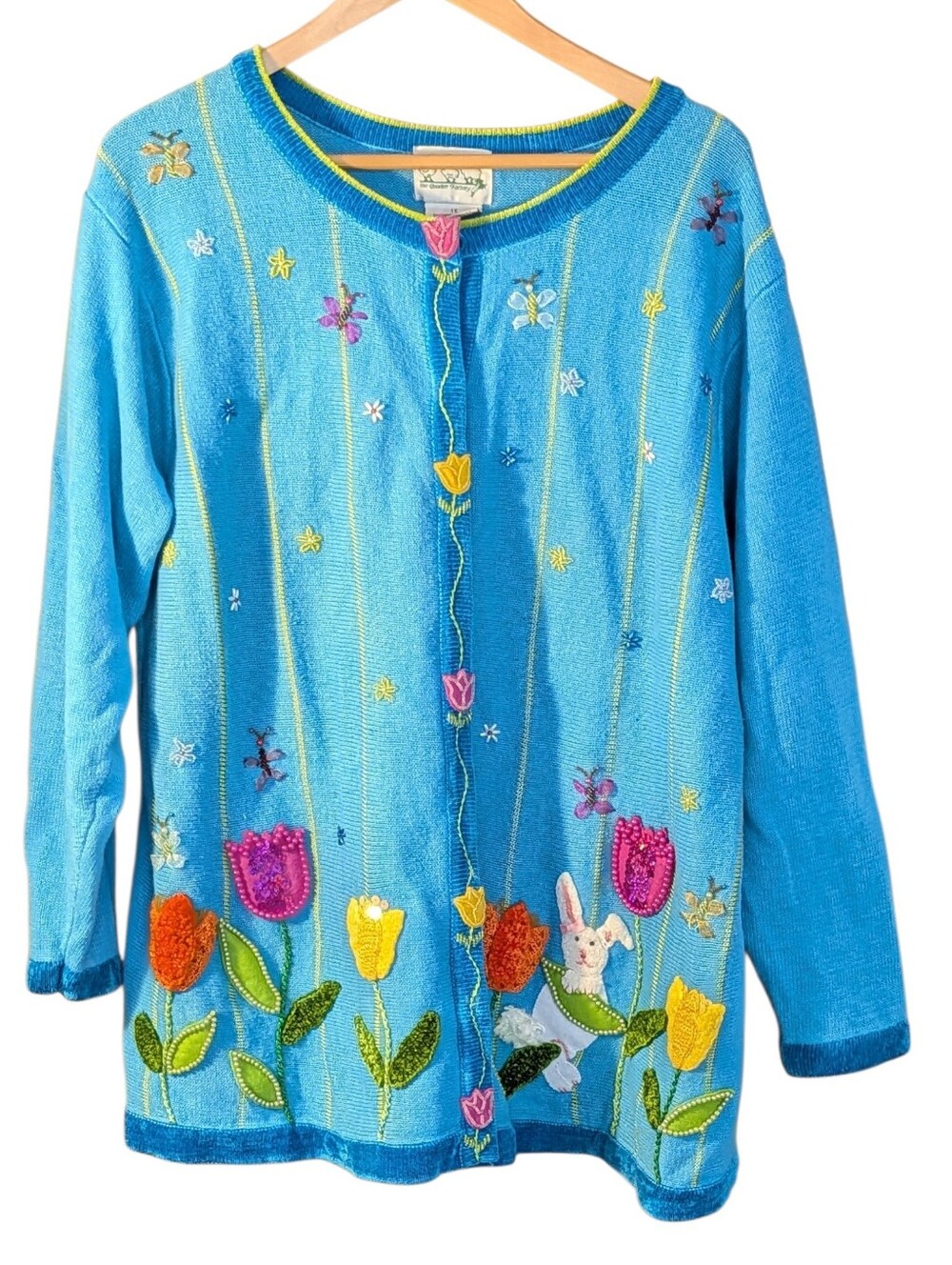 Quacker Factory Bright Blue Floral Bunny Embroidered Cardigan 1X Beaded Spring
